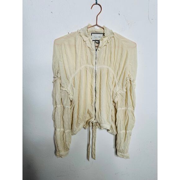 ALEXIS Ivory Cream Crinkle Chiffon Peasant Zip Front Drawstring Hem Posey Top S - Picture 3 of 16